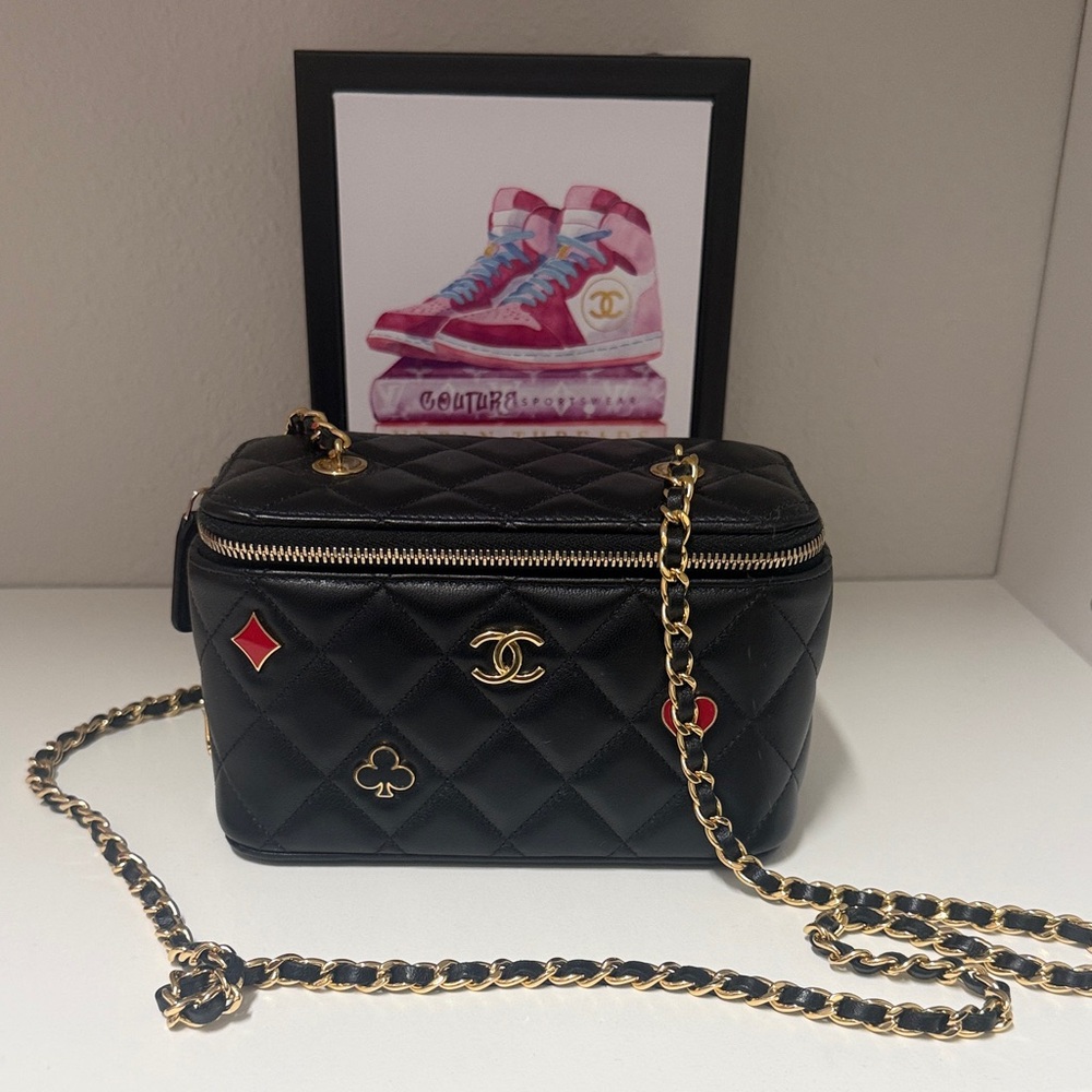 CHANEL Black Quilted Vanity Crossbody with Gold Chain and Card Suit charm